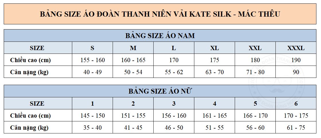bảng size áo đoàn 02