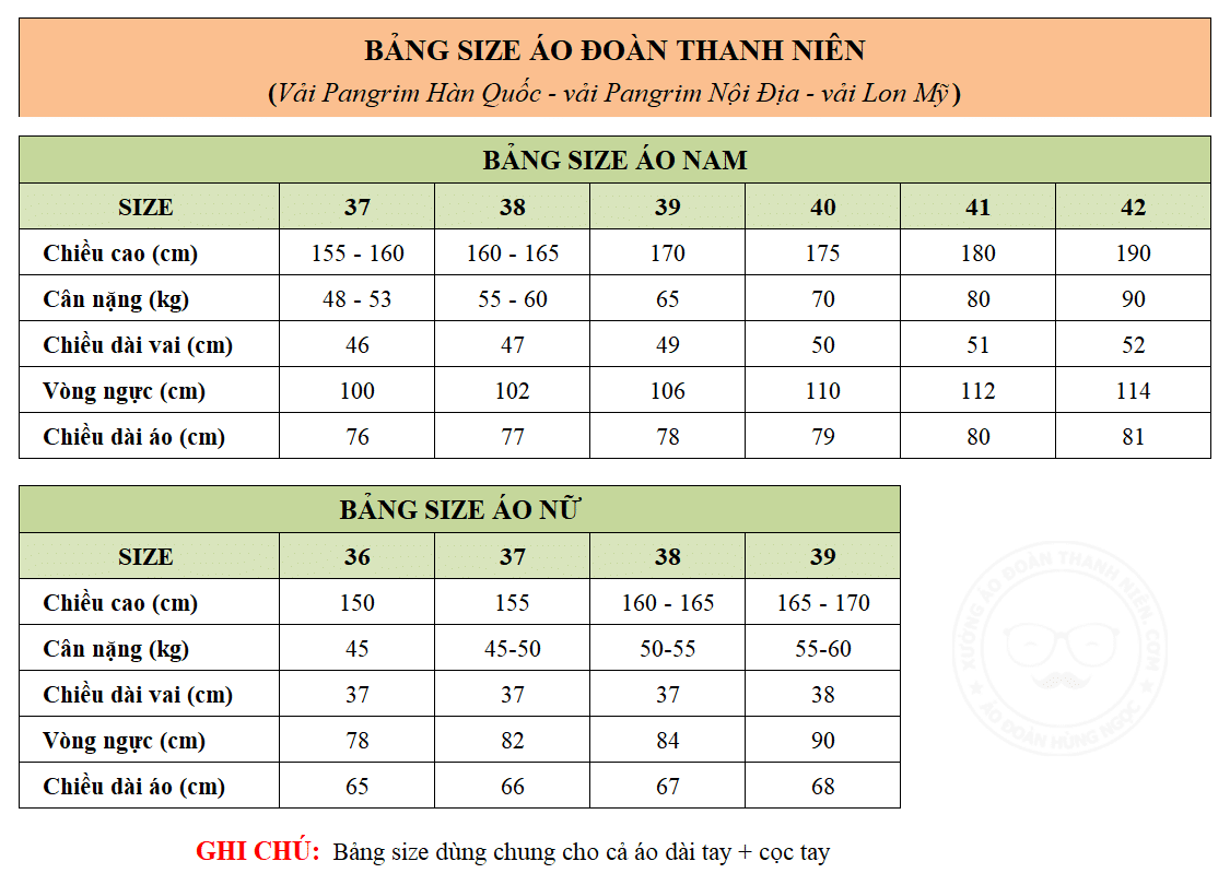 bảng size áo đoàn thanh niên
